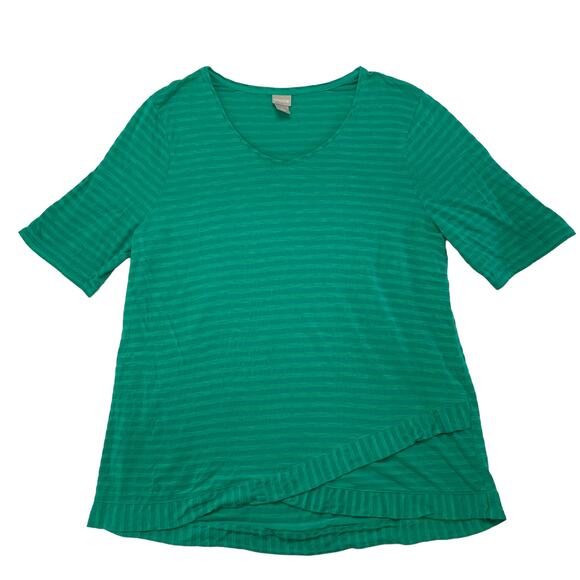 CHICOS Green Stripe Asymmetric Hem Cotton Rayon Short Sleeve Top Size XXL 2X (4) - Picture 4 of 9
